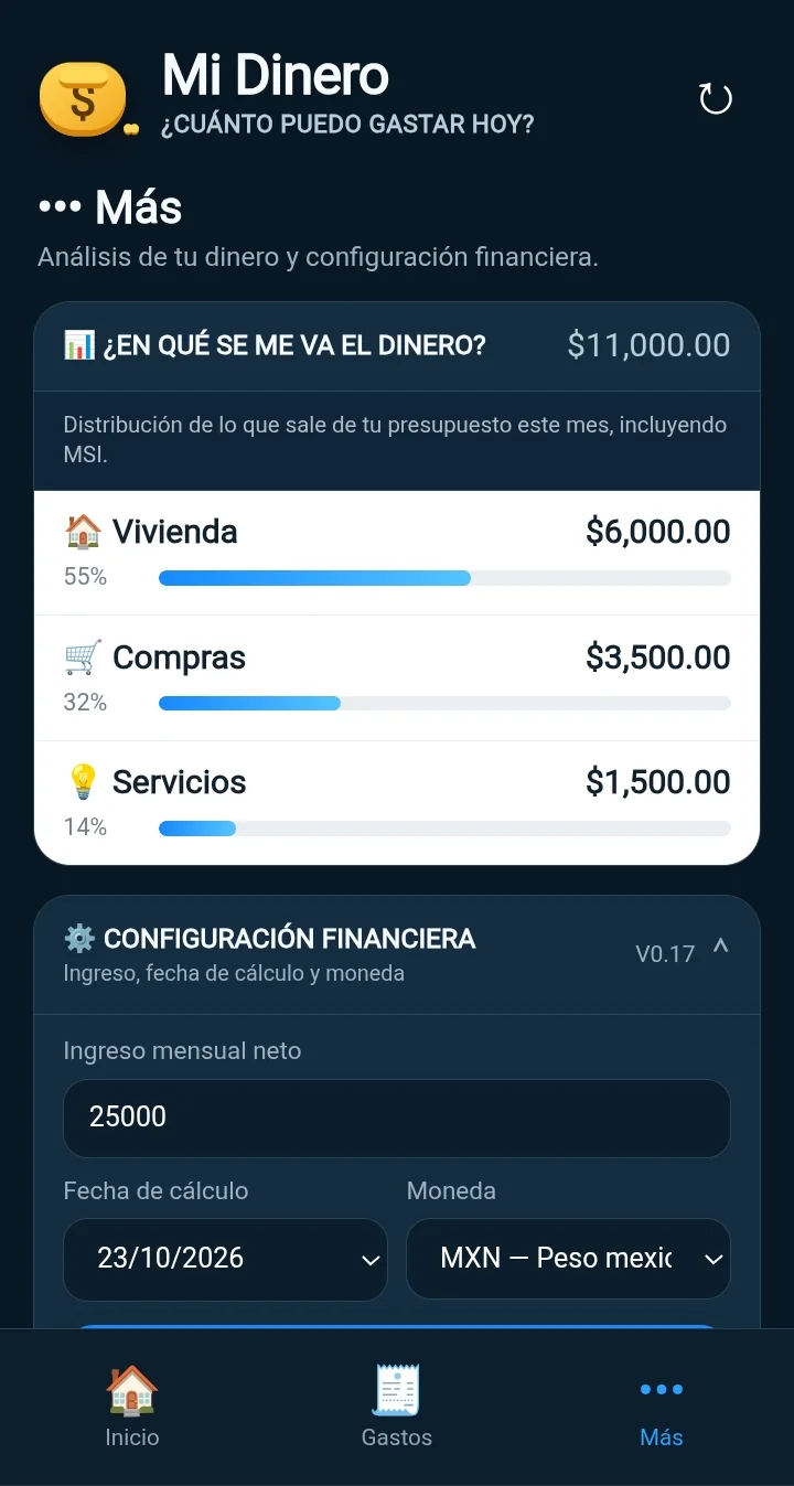 Pantalla real de Mi Dinero: Tus categorías