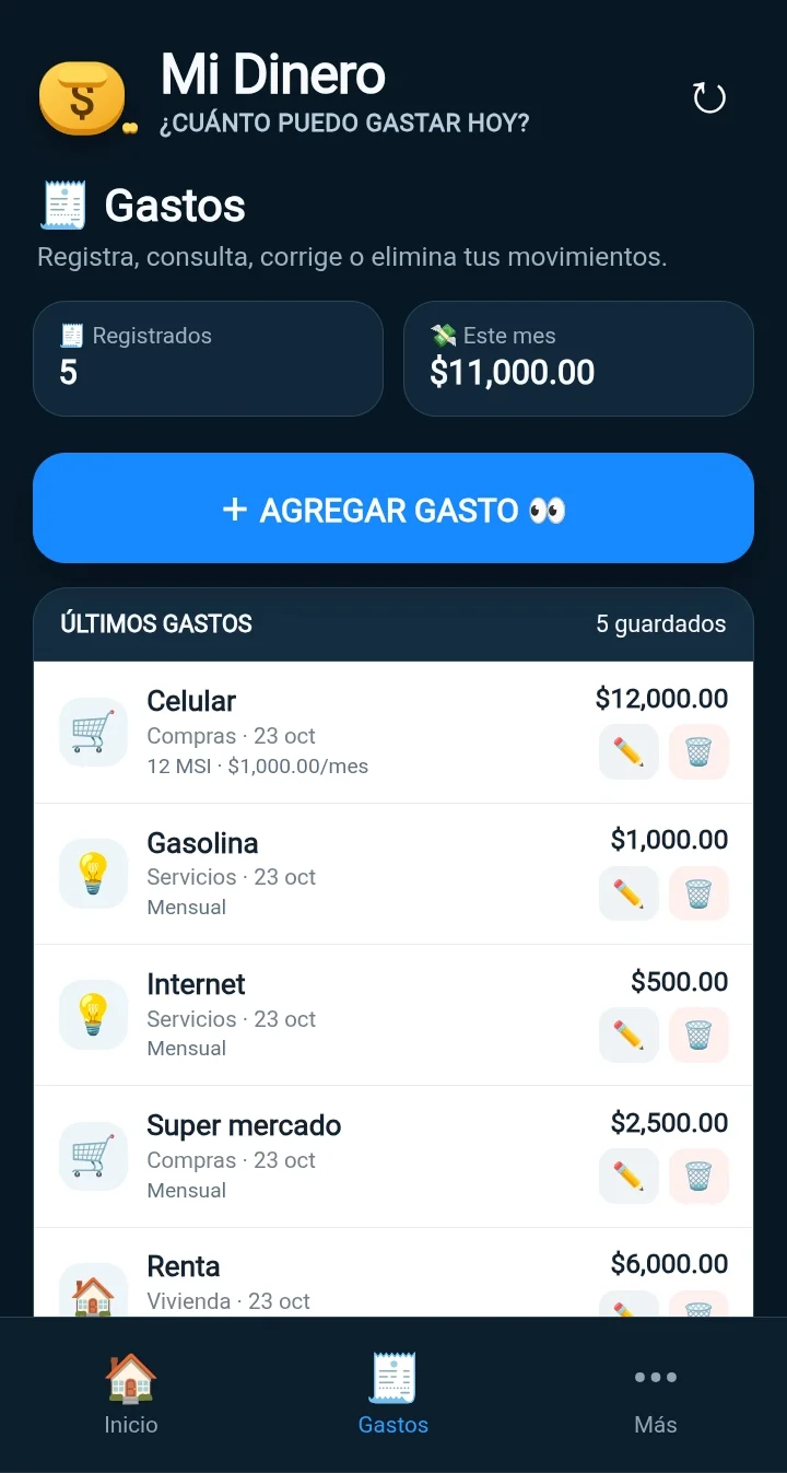 Pantalla real de Mi Dinero: Tus movimientos