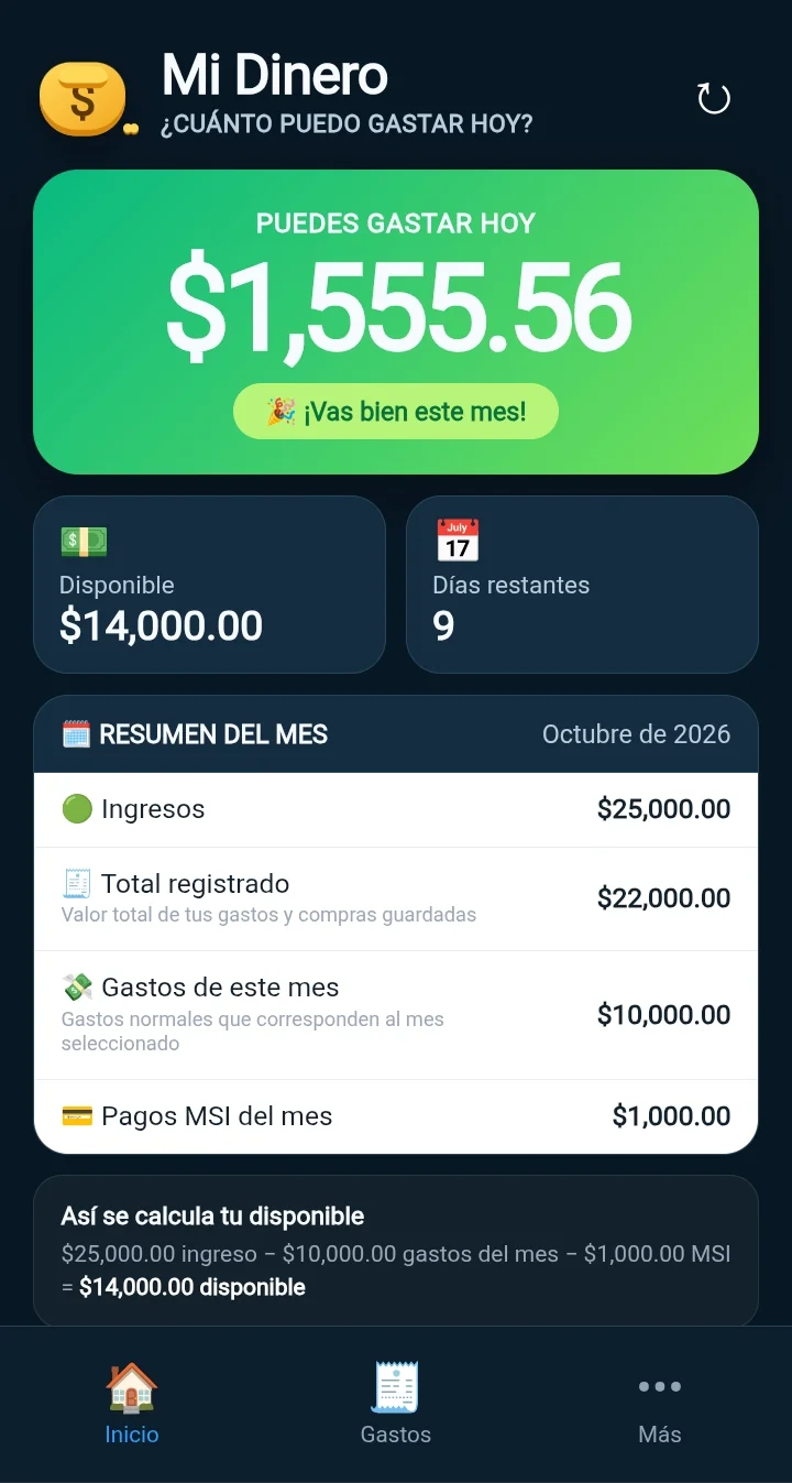 Pantalla real de Mi Dinero: Tu límite diario