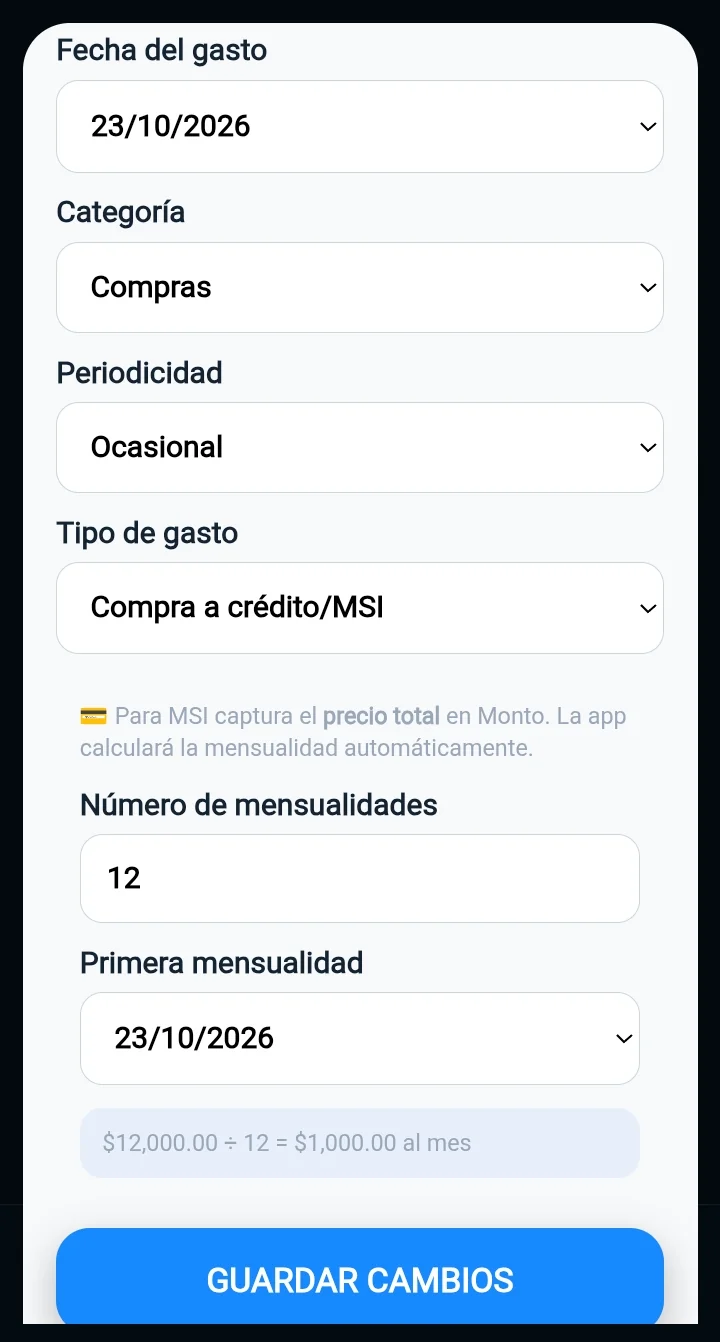 Pantalla real de Mi Dinero: Mensualidad calculada